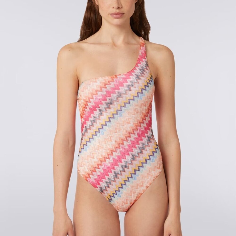 NWT Missoni One Piece Swimsuit Chevron Pink One Shoulder Bodysuit New XS 36 - Picture 5 of 11